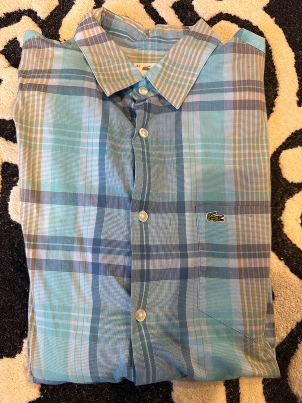 Mens Lacoste Blue and Tan Plaid Button-Down Shirt. Size 42